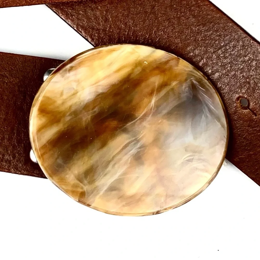 Italian Made 2” Brown Leather Belt With 2.5”Polished Stone Buckle Size M